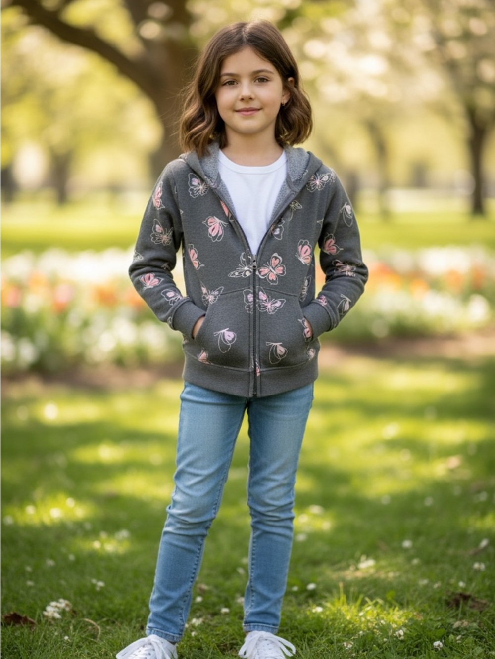 Cat & Jack Gray Zip Hoodie with Pink Butterfly Print